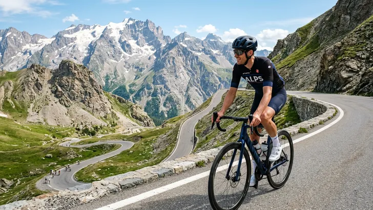 Mannelijke wielrenner met helm rijdt ontspannen en op een lichter verzet een steile bergpas in de Alpen omhoog.
