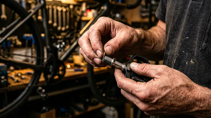 Een fietser zonder helm schuift in zijn werkplaats een dun metalen beschermringetje over de schroefdraad van zijn racepedaal.