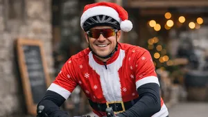 Wielrenner in rood kerstman-wielershirt met kerstmuts over zijn helm, glimlachend op de racefiets voor een café met warme kerstlichtjes op de achtergrond.