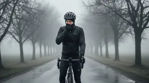 Wielrenner in winterkleding staat met zijn racefiets op een natte, verlaten weg en veegt met een handschoen zijn neus af, onder een grauwe lucht met kale bomen op de achtergrond.