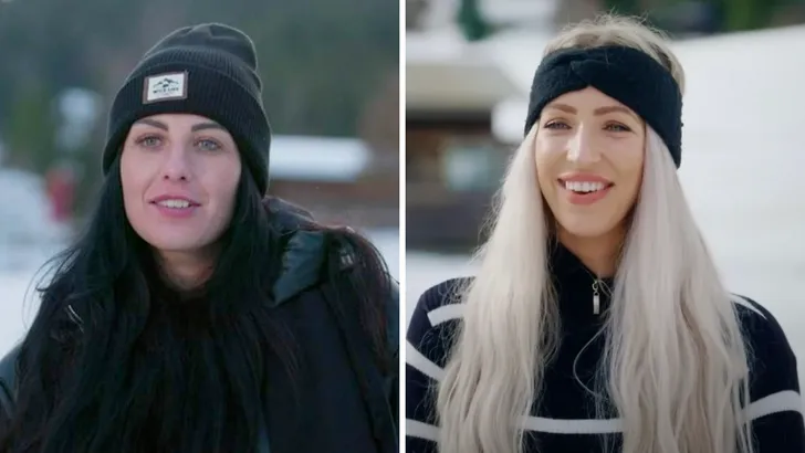 Winter Vol Liefde Denise haalt uit naar Antine – Tweeluik foto's. Links een videostill van Antine in Seefeld, rechts een videostill van Denise in Seefeld.