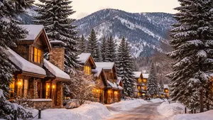 Sneeuwstraat in Aspen met verlichte chalets en bergen op de achtergrond.
