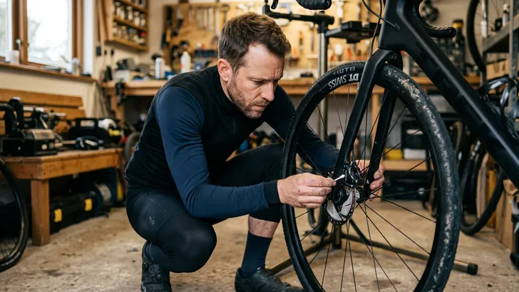 Een fietser zonder helm maakt in de schuur geconcentreerd zijn remzuigers schoon met een wattenstaafje voordat hij nieuwe remblokken monteert.