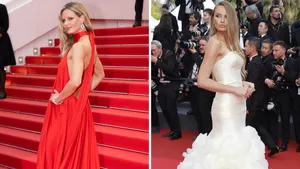 Tweeluik foto's van bekende Nederlanders in Cannes, met links Marlijn Hoek en rechts Romee Strijd.