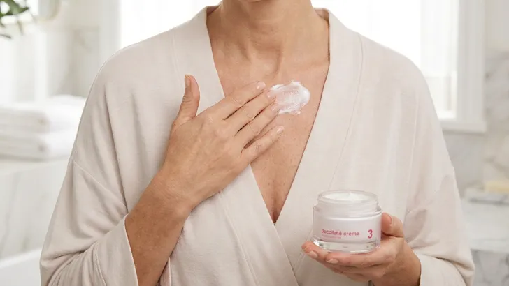 Close-up van een vrouw die de HEMA decolletécrème aanbrengt op haar hals en borst voor een gladdere huid.