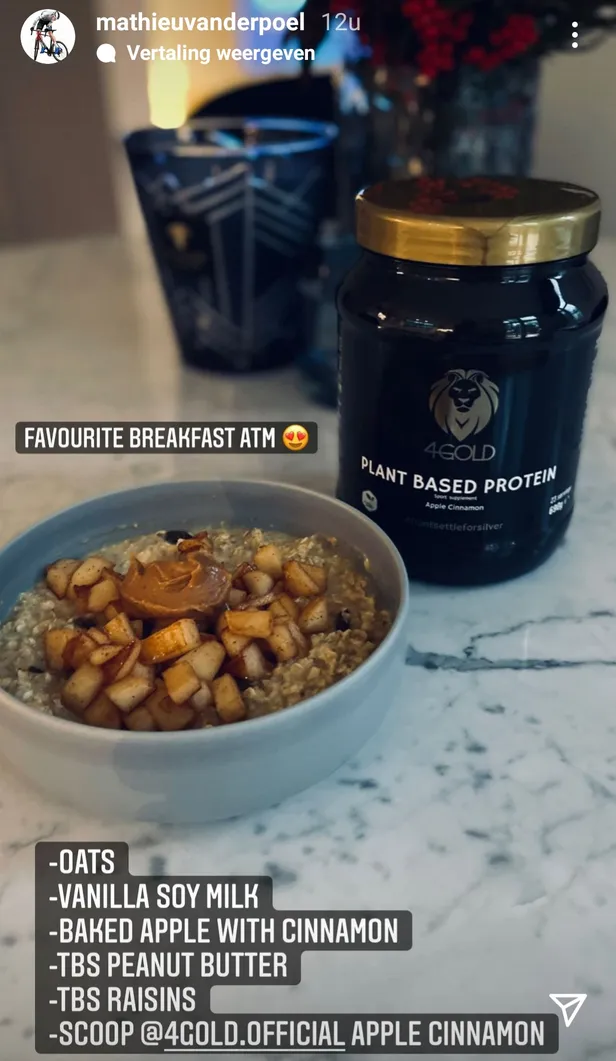 Screenshot van het plantaardige havermoutontbijt op de Instagram van Mathieu van der Poel.