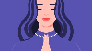 Een illustratie van een dame met gesloten ogen die met haar handen tegen elkaar aan zit.