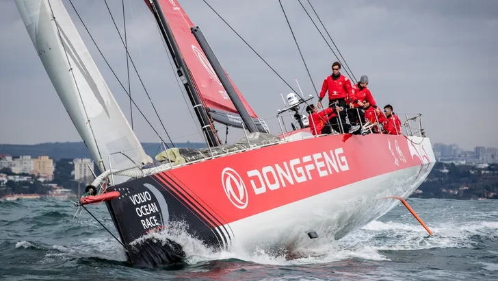 Dongfeng Race Team take their newly-refitted Volvo Ocean 65 for a spin shortly after the handoverat…