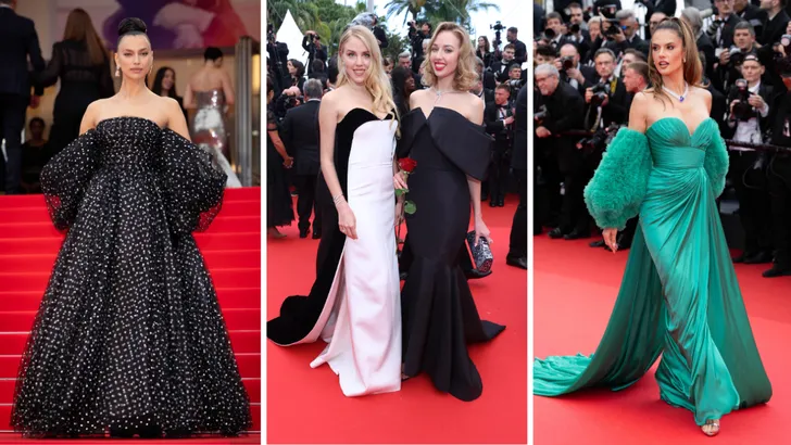 Drieluik foto's van het filmfestival van Cannes 2025, met links Irina Shayk, midden prinsessen Chiara en Carolina van Bourbon en rechts model Alessandra Ambrosio.