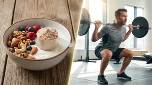 Een fitte man van boven de 30 doet een zware squat in de sportschool, naast een afbeelding van eiwitrijke voeding, wat de link tussen krachttraining en voeding voor spierbehoud na je 30e illustreert.