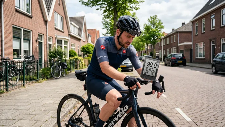 Close-up van een gefrustreerde wielrenner met helm in een Nederlandse straat, die wanhopig naar zijn fietscomputer kijkt waar "99,9 KM" op staat