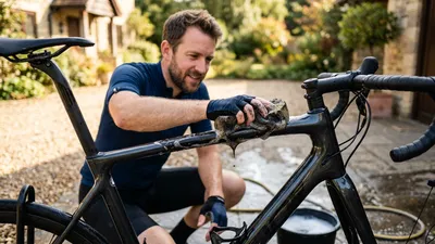 Een fietser zonder helm poetst per ongeluk met een sterk vervuilde spons over zijn glanzende carbon frame.