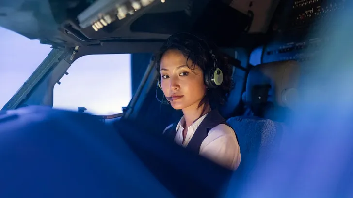 Portrait of a female trainee pilot sitting inside a flight simulator