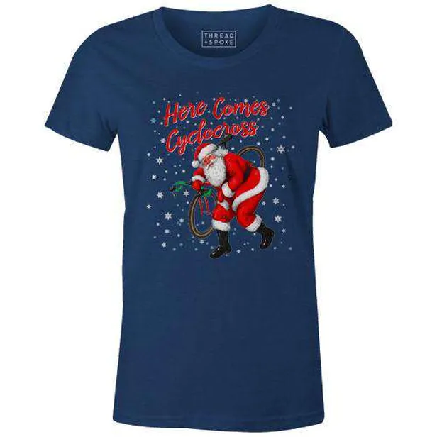 T-shirt met de kerstman erop en de tekst 'Here comes cyclocross' 