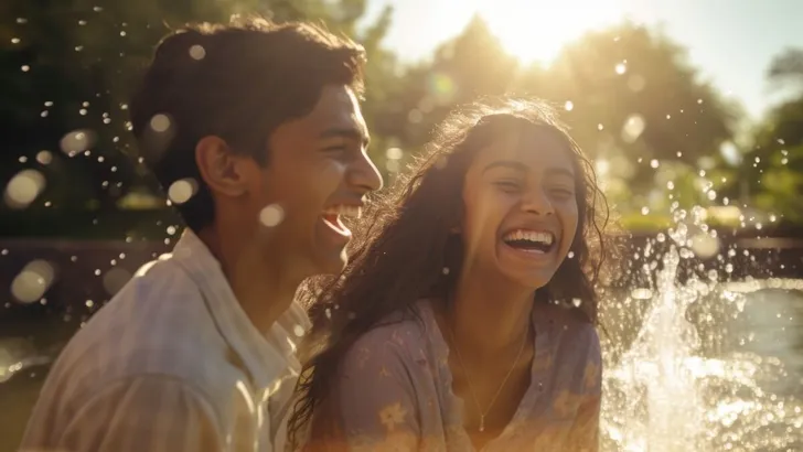 Two Indian adult siblings laugh together as they splash around in a fountain on a hot day. They are dressed in bright colors and the sun reflects off the blue of the water as they