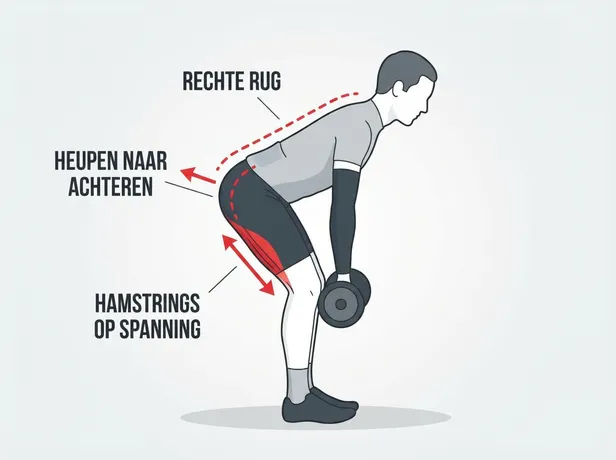 Schematische illustratie van de correcte uitvoering van een Romanian deadlift met dumbbells. Pijlen en tekstlabels tonen een rechte rug, het naar achteren duwen van de heupen en de spanning op de hamstrings.