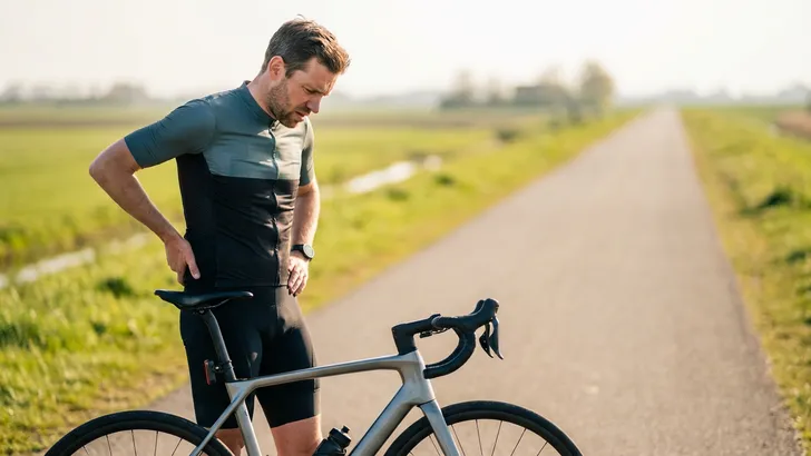 Wielrenner staat stil naast zijn racefiets op een polderweg en kijkt peinzend naar zijn zadel, als symbool voor zadelpijn bij de start van het fietsseizoen.