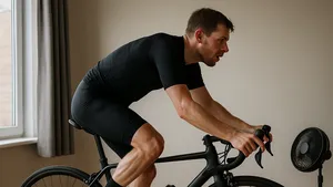 Strak zijaanzicht van een renner op de trainer, diep in vaste indoorhouding met ventilator ernaast.