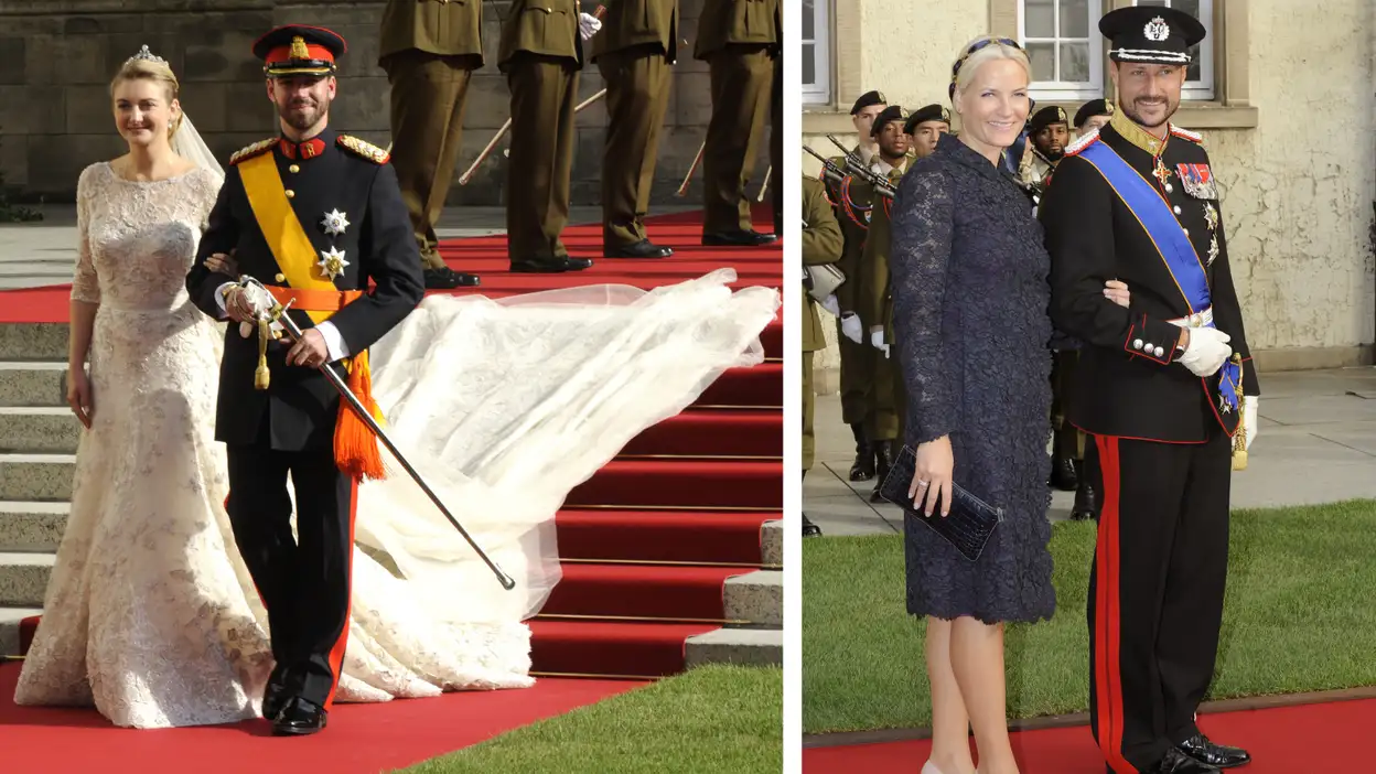 Foto's van het huwelijk van prins Guillaume en prinses Stéphanie van Luxemburg en de aanwezigheid van prins Haakon en prinses Mette-Marit.