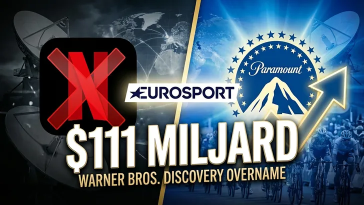 Grafische weergave van de overname van Warner Bros. Discovery en Eurosport door Paramount voor $111 miljard, waarbij Netflix is uitgeschakeld.