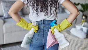 Cleaning, housekeeping and hands of woman with cloth, cleaning products and detergents in living room. Housework, cleaning service and back of girl ready with spray bottle for spring cleaning home