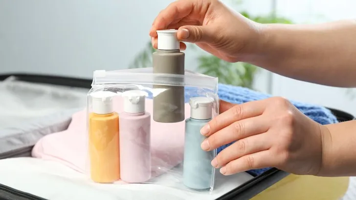 Woman with plastic bag of cosmetic travel kit packing suitcase, closeup