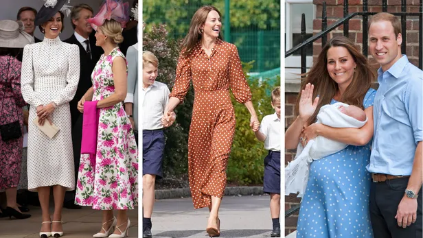 Drie foto's van prinses Kate in polkadot-jurken bij Garter Day 2026, op de eerste schooldag van haar kinderen in 2022 en na de geboorte van prins George in 2013.