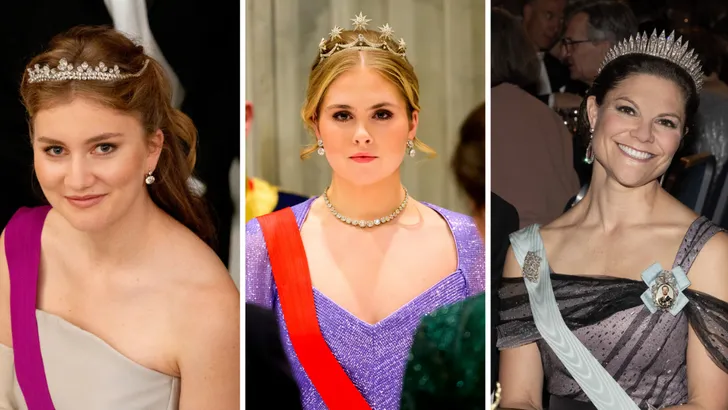 Royal powervrouwen: deze dames staan klaar als troonopvolger. – Drieluik foto's van kroonprinsessen in tiara's. Links Elisabeth, midden Amalia, rechts Victoria.