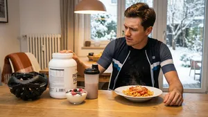 Een twijfelende wielrenner in fietskleding aan een keukentafel in de winter, kijkend naar een grote pot eiwitpoeder en een shake met een bord dampende pasta voor zich.
