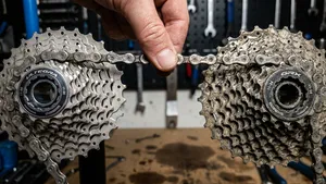 Close-up van een fietsketting die tussen twee verschillende fietscassettes wordt gehouden: een schone voor de racefiets en een vuile voor de gravelbike, om het risico op aandrijflijn slijtage te illustreren.