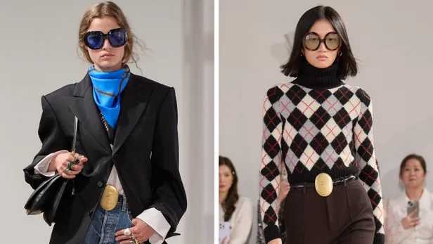 Een mini-riempje met een mega-medaillon: Celine gooide hoge ogen met hun collectie. (Beeld: Catwalkpix)