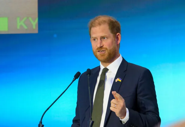 Niet werkende royals: prins Harry spreekt een publiek toe in Kiev, april 2026.