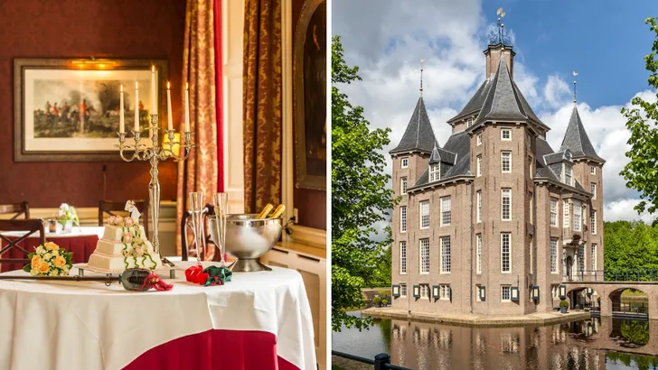 Leukste kasteelrestaurants van Nederland – Tweeluik foto's. Links een interieurfoto van restaurant Engelenburg en rechts een zij-aanzicht van Kasteel Heemstede.