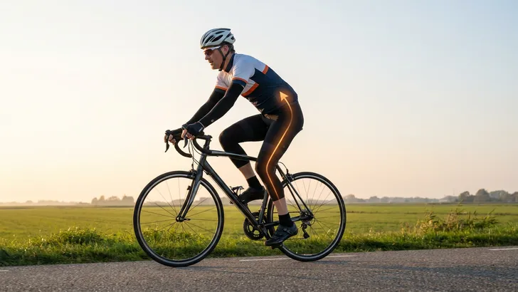 Recreatieve wielrenner met armstukken en beenstukken op een racefiets, waarbij een oranje lijn de spanning van de hamstrings naar de onderrug aangeeft.