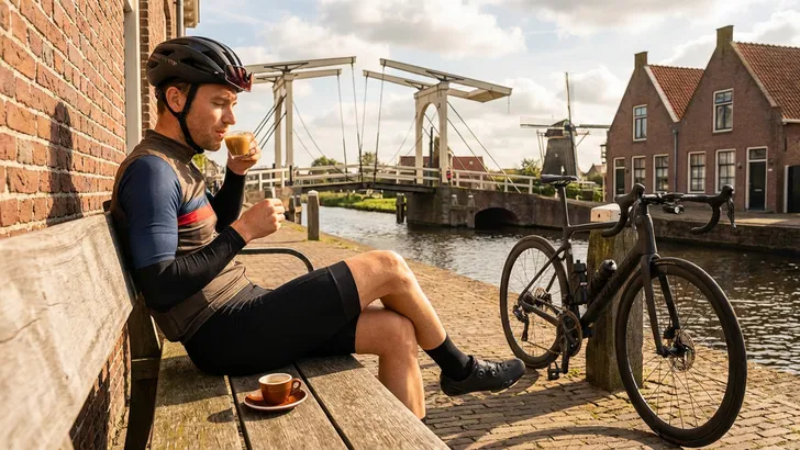 Een mannelijke wielrenner met helm drinkt een kop koffie naast zijn racefiets ter voorbereiding op een training voor optimale vetverbranding.