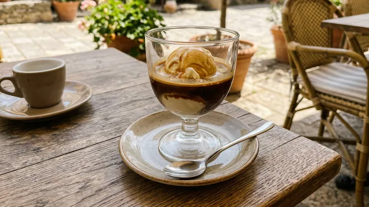 Heerlijke zomerse affogato op een terras in de zon.