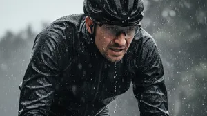 Wielrenner op een racefiets in zware regen, donker regenjack is verzadigd met water, druppels op rits en bril, intense racehouding.