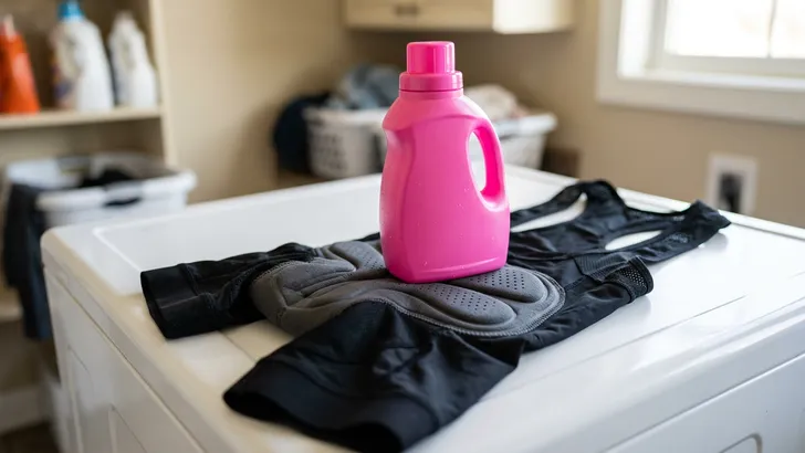 Close-up van een wielerbroek op een wasmachine met een fles wasverzachter erbij