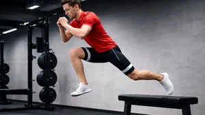 Man in sportkleding doet Bulgarian squat jump in de gym, achterste voet op een bankje, focus op explosieve sprong.