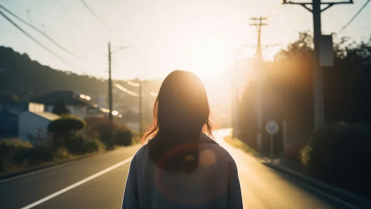 道に佇む女性、後ろ姿、女性、道路、Woman standing on the road, back view, woman, road, Generative AI