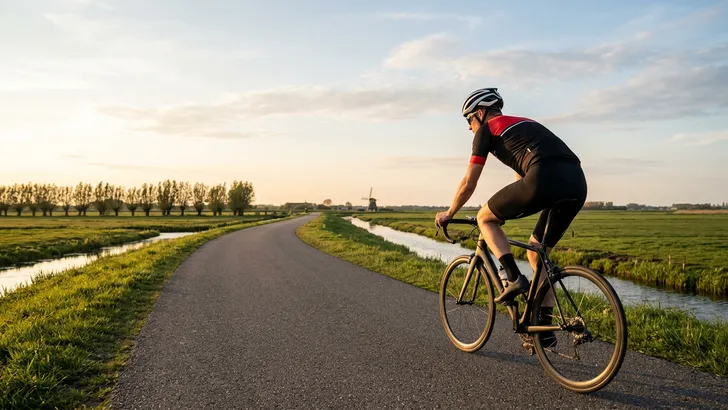 Een wielrenner rijdt tijdens zonsondergang op een uitgestrekte polderweg in Nederland, wat de lengte van een duurtraining symboliseert.