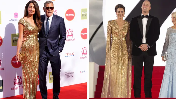 Tweeluik foto's. Links Amal Clooney en George Clooney bij het King's Trust Gala, mei 2026. Rechts prinses Kate en prins William bij de No Time To die première, 2021.