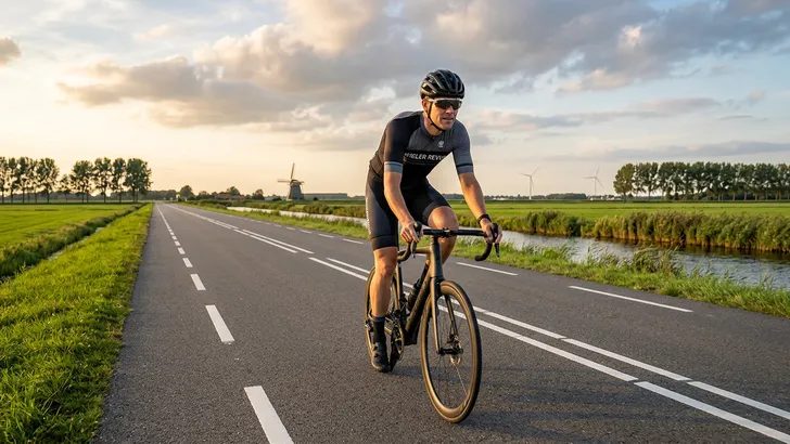 Een zelfverzekerde wielrenner met helm neemt controle in het verkeer door zijn positie te claimen op een drukke weg en alert zijn omgeving te scannen.