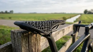 Een mannelijke wielrenner fietst in aerodynamische houding op de weg, zittend op een 3D-geprint fietszadel met opvallende honingraatstructuur tegen zadelpijn.