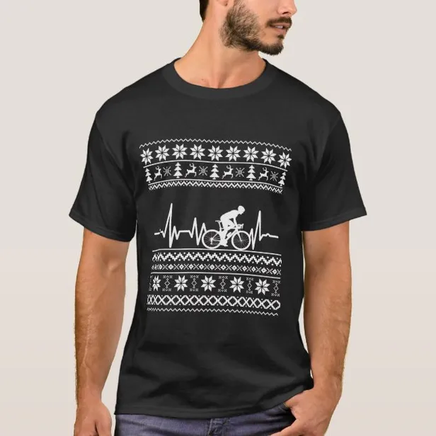 T-shirt in kerstmotief met een wielrenner en een hartmonitornabootsing erop