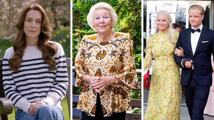 Meest spraakmakende nieuwtjes 2024. Drieluik foto's met links prinses Kate, midden prinses Beatrix en rechts prinses Mette-Marit met Marius Borg Hoiby.