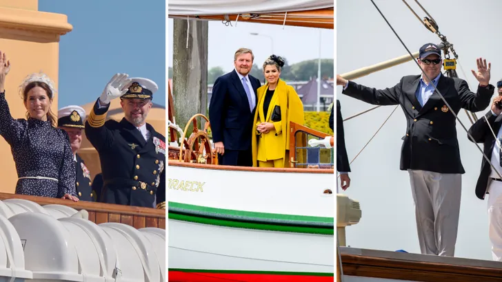 Drieluik foto van royals op hun privéschepen met links Frederik en Mary van Denemarken, midden Willem-Alexander en Máxima en rechts prins Albert van Monaco.