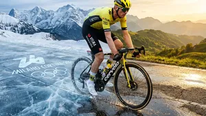 Artistieke weergave van wielrenner Olav Kooij die op zijn fiets wegrijdt van een bevroren wegdek richting de zon, symbolisch voor zijn keuze voor het wielrennen boven het schaatsen met het oog op de Olympische Spelen.