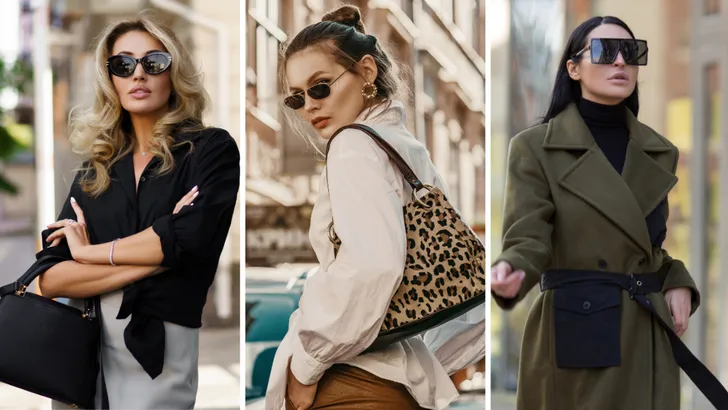 Perfecte zonnebril voor jouw gezichtsvorm. – Drieluik foto's van vrouwen met verschillende modellen zonnebril.