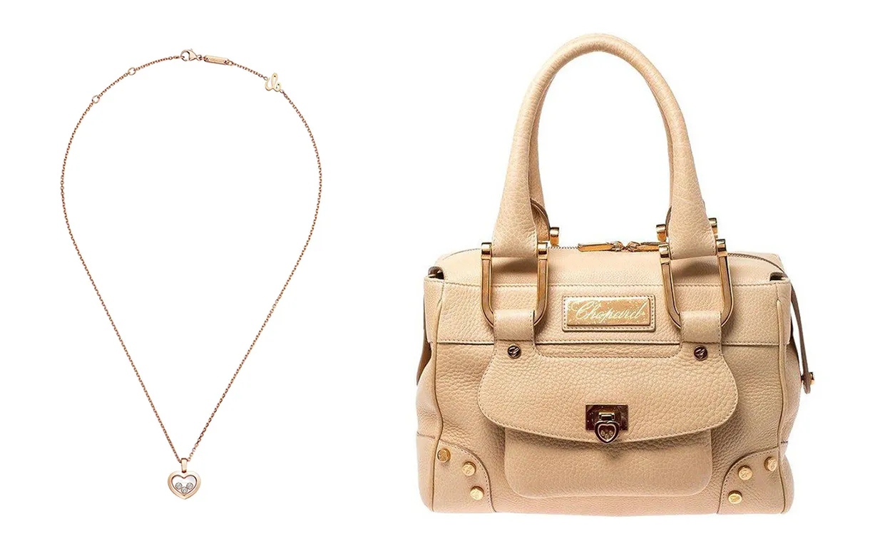 De bijzondere ketting en bijpassende tas met diamanten hartje van Chopard. 